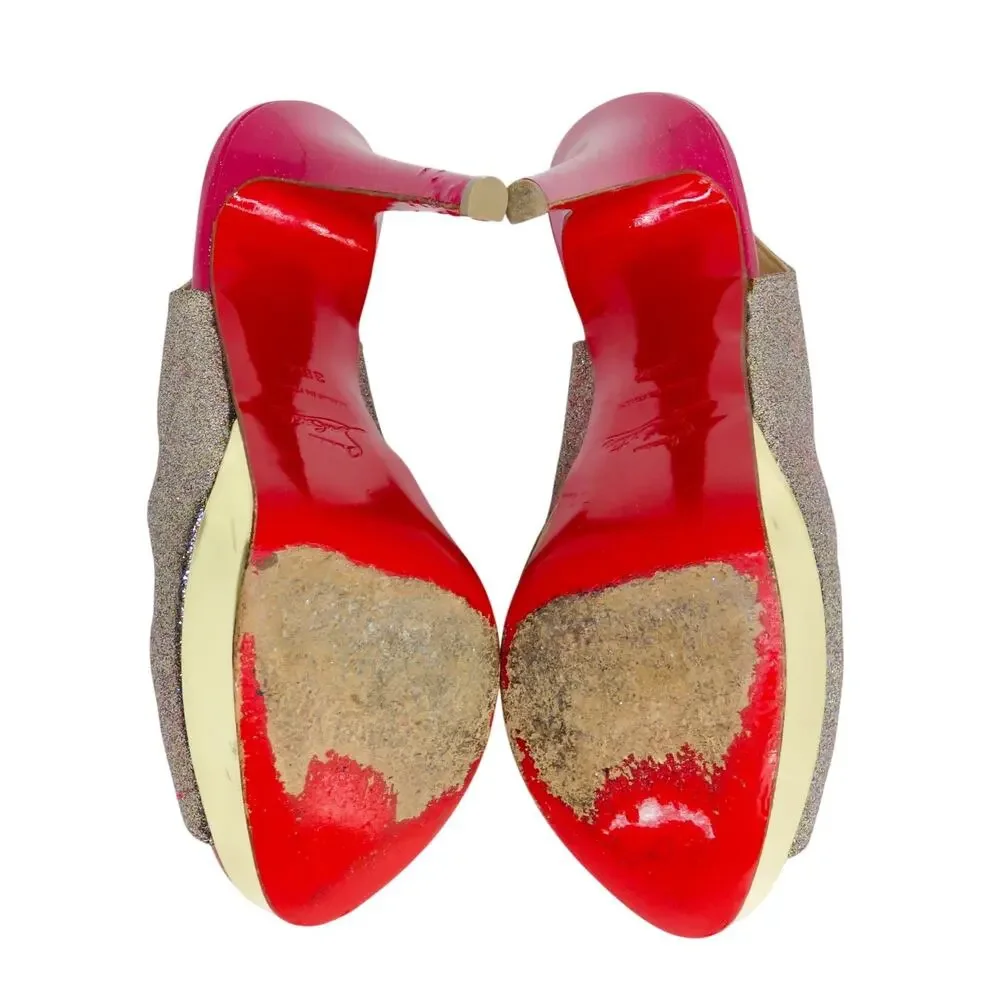 Christian Louboutin Lady Peep Slingback Glitter Pumps Platine Gold Pink Red 36.5